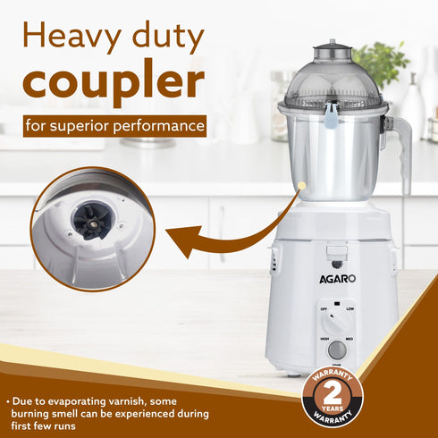 Royal Mixer Grinder 900W, Heavy Duty, 100% Pure Copper Motor, 3 Stainless Steel Jar, 3 Speed, Whip Function, Stainless Steel Blades, Wet & Dry Grinding, White
